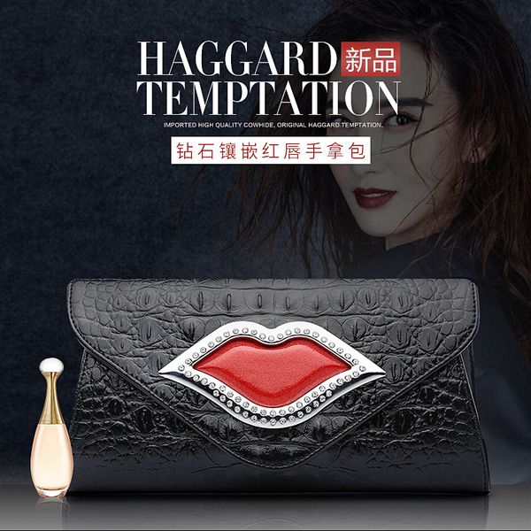 

высококачественная воловья кожа сцепления кожаного мешок красные губы ударили цвет плеча обеда сумки женской сумочки партии