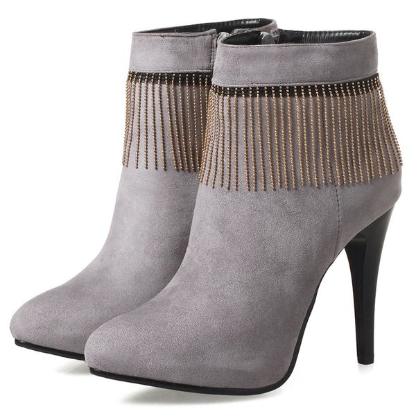 

perimedes high heels boots women mental tassel ankle boots bare flock casual pointed toe booties zip flock shoes cartera mujer, Black