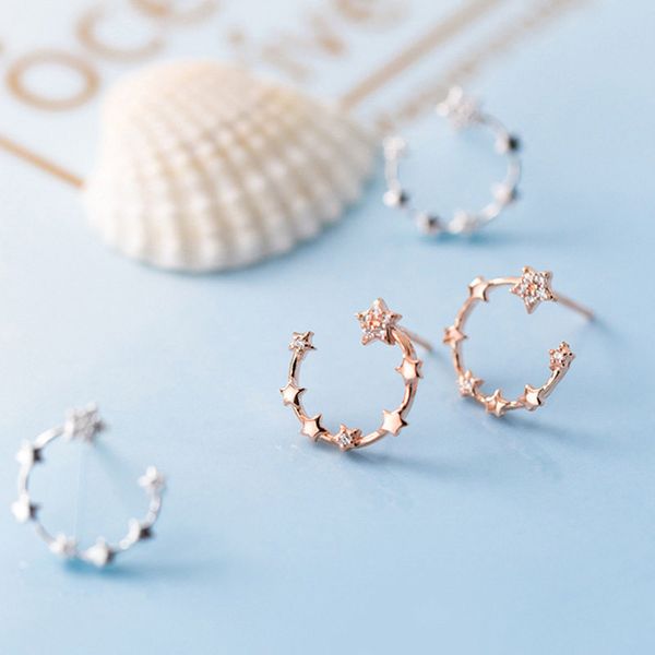 

silver rose gold white rhinestones pentagram pattern c-shaped real 925 sterling silver stud earrings jewelry 12x11mm-1 pair, Golden;silver