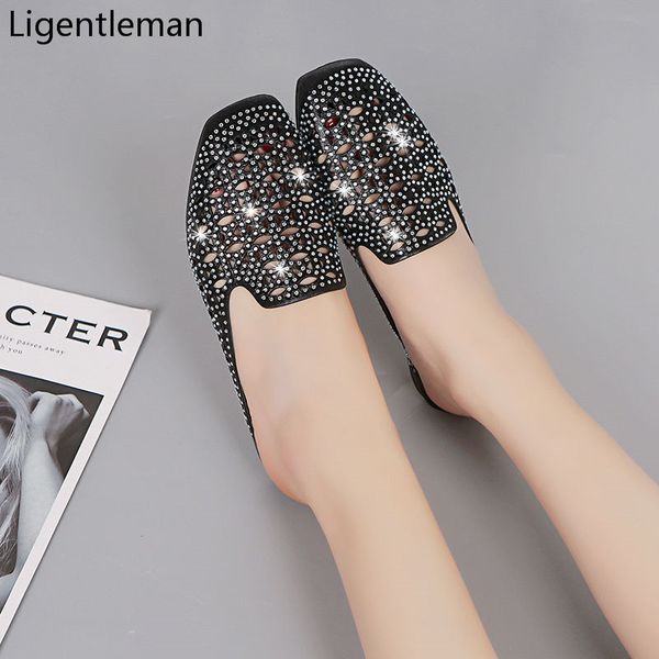 

slippers women shoes 2020 new black pu hollow carved design rhinestones square toe fashion large size woman sandals slippers