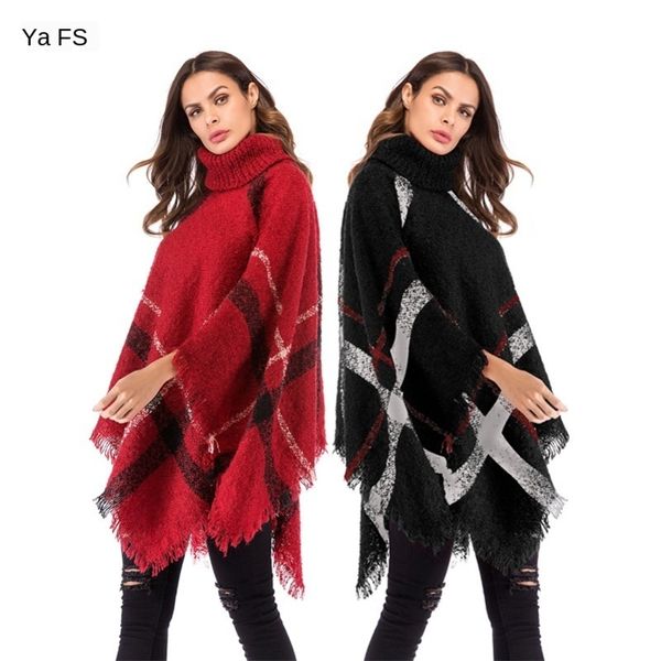 

womens designer sweater irregular plaid tassel cloak shawl high collar bat sleeve sweater, White;black