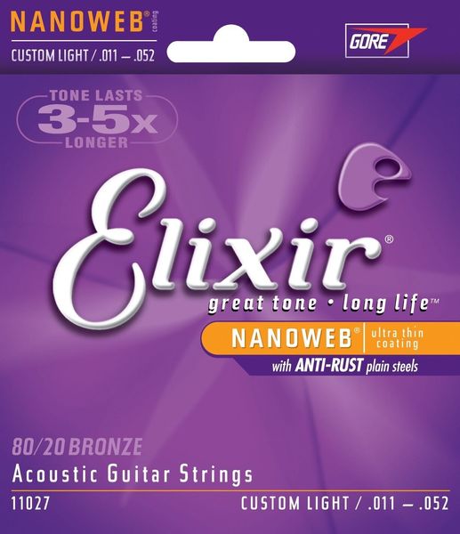 

1 ШТ. Набор Elixir 11027 Nanoweb Custom Light 11-52 80/20 Струны для Акустической Гитары