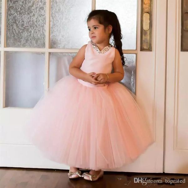 

cute blush pink tulle ball gown flower girls dresses for wedding beads ankle length evening party cformal dress, White;blue