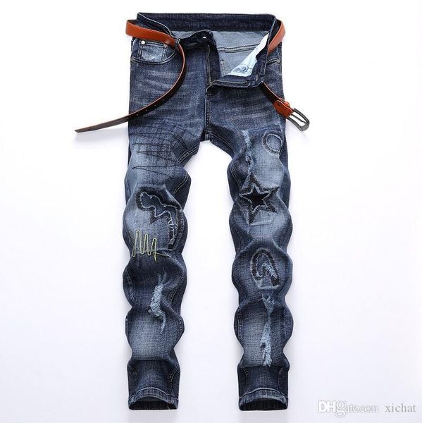 

mens ripped patches slim fit jeans fashion designer big size straight leg motocycle biker denim pants trousers size 29-42 jb9706, Blue