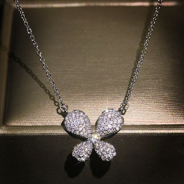 

new 925 sliver necklace full crystal zircon butterfly pendant clavicle chain charming women wedding engagement party jewelry gifts, Silver