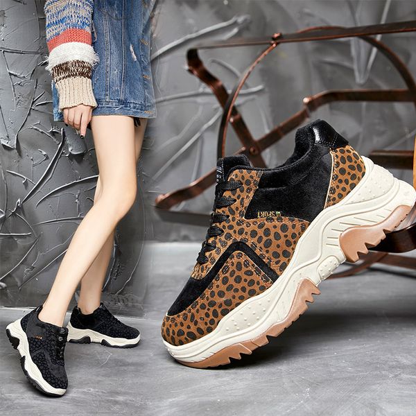 

women chunky sneakers leopard platform shoes women shoes plush causal woman sneakers winter ladies warm for woman, Black