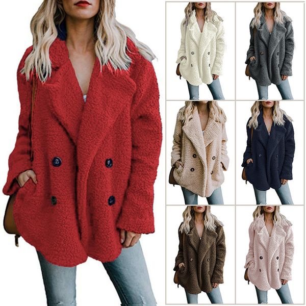 

autumn and winter double-breasted plus size loose plush jacket female winter fashion warm solid color casual female jacket b533, Black;brown