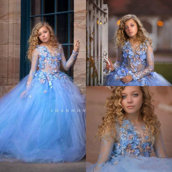 Ballkleid Blau Kinder Festzug Kleider Blumen Mädchen Kleider für Hochzeit Langarm Applikationen Perlen Erstkommunion Kleid s