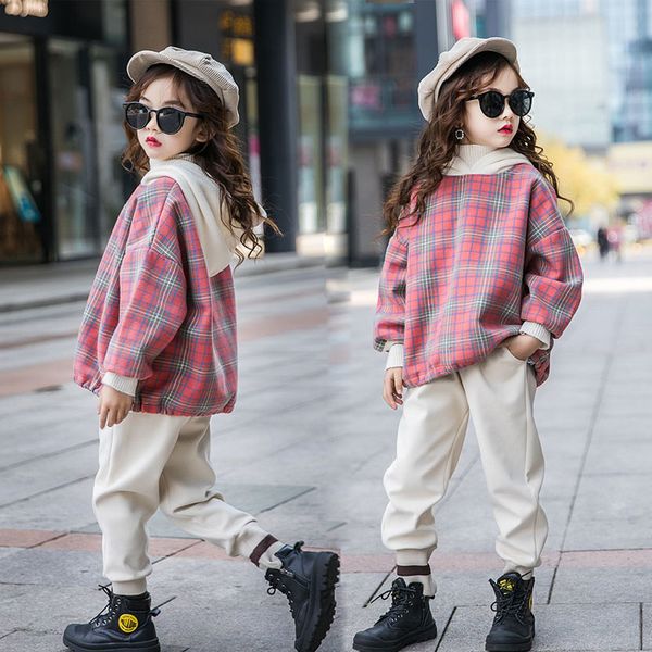 

children girls clothing set spring teen school girls sport suit plaid hoodie pants school kids tracksuit for girls clothes t200413, White