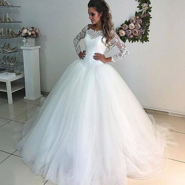 2020 Nova Chegada Vestido de Bola Vestidos de Noiva Sheer Pescoço Laço Lace Longa Mangas Fluffy Tule Saia Princesa Feito Personalizado Custom Vestido Bridal 50% Desconto