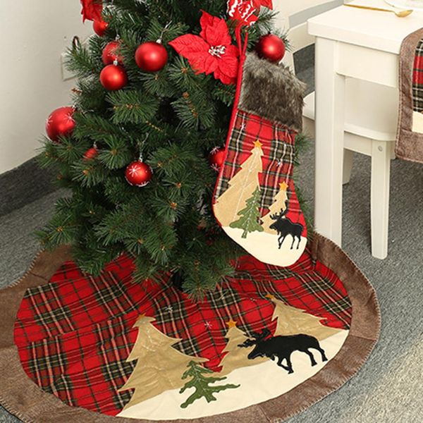 

105cm cute plaid christmas tree skirt soft cloth elk print apron christmas tree carpet party dec