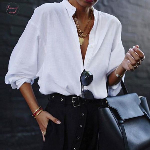 

fashion women blouses 2019 summer office white shirts lantern sleeve buttons deep v neck blouse plus size