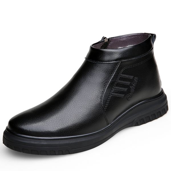 

men casual cow leather boots warm wool snow shoes thicken fur winter boot outdoors platform ankle botas zapatos de hombre botas, Black