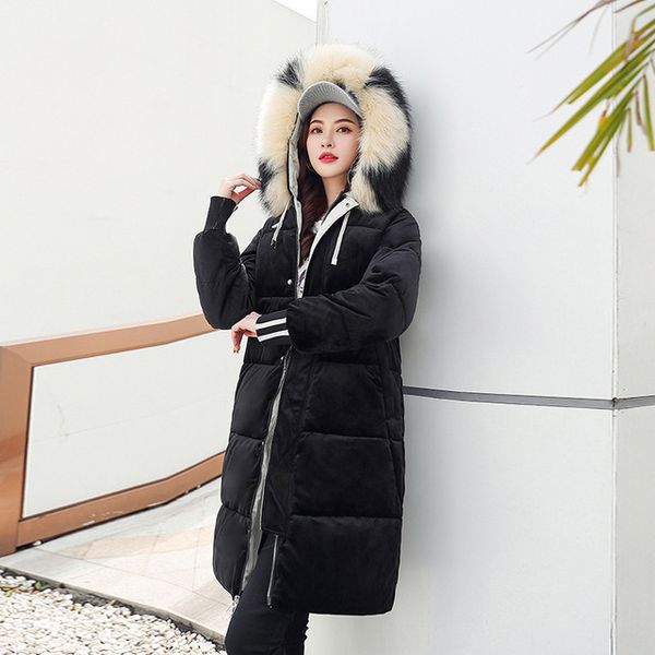 

voobuyla women winter jacket cotton padded warm thicken ladies long coats fur collar parka woman plus size 3xl velvet jacket, Black