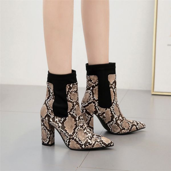 

2019 fashion women 10cm high heels fetish stripper boots serpentine ankle boots prom snake print block heels chunky brown shoes, Black