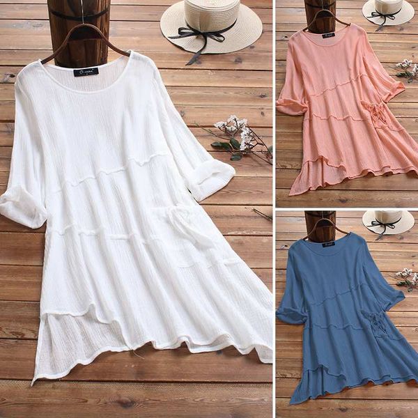 

zanzea 2020 spring summer tunic women blouses shirt vintage cotton asymmetrical casual long sleeve blusas robe chemise, White