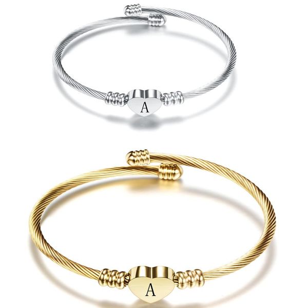 

new designer titanium stainless steel a-z initial letter heart womens open cuff bangle bracelet silver gold jewelry gift for women wholesale, Black