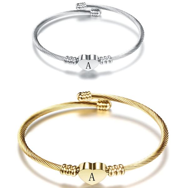 Nuovo designer titanio acciaio inossidabile A-Z lettera iniziale cuore bracciale rigido da donna aperto bracciale gioielli in oro argento regalo per le donne all'ingrosso