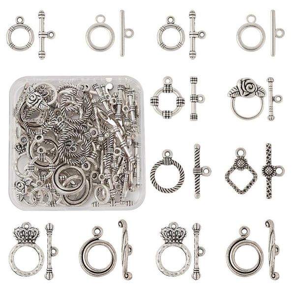 

40sets/box tibetan style alloy toggle clasps mixed shapes antique silver color for bracelet jewelry findings, Blue;slivery