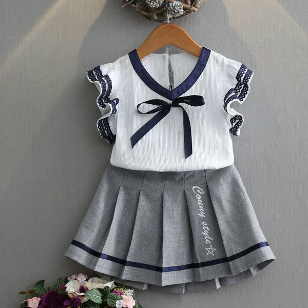 

2-7 лет малышей девушки одевают симпатичные девушки с короткими рукавами футболки + короткий платье кружева юбка костюм новый колледж стиль, White