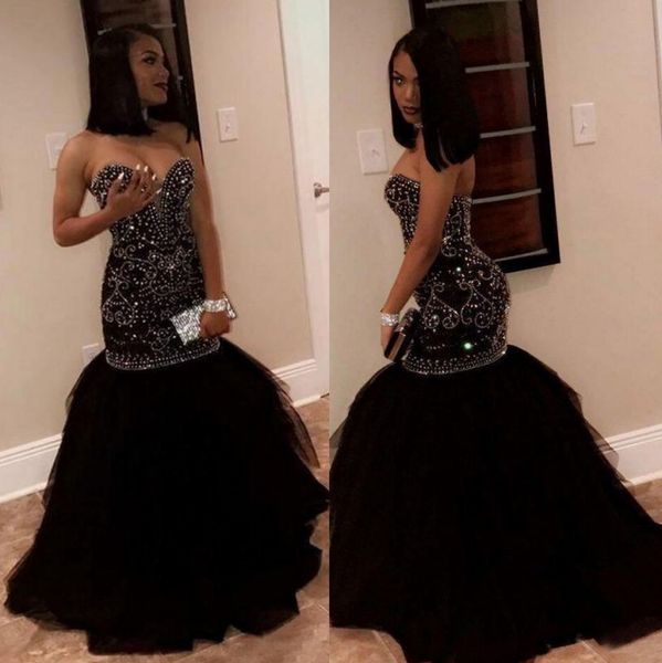 

sparkly sequined black mermaid prom dresses deep v neck beaded rhinestones formal dress plus size floor length tulle evening gowns