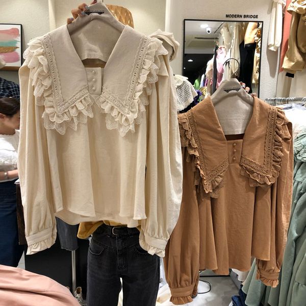 

female shirts 2020 spring new vintage lace dol collar long sleeve loose blouse student girls sweet pulover shirt, White