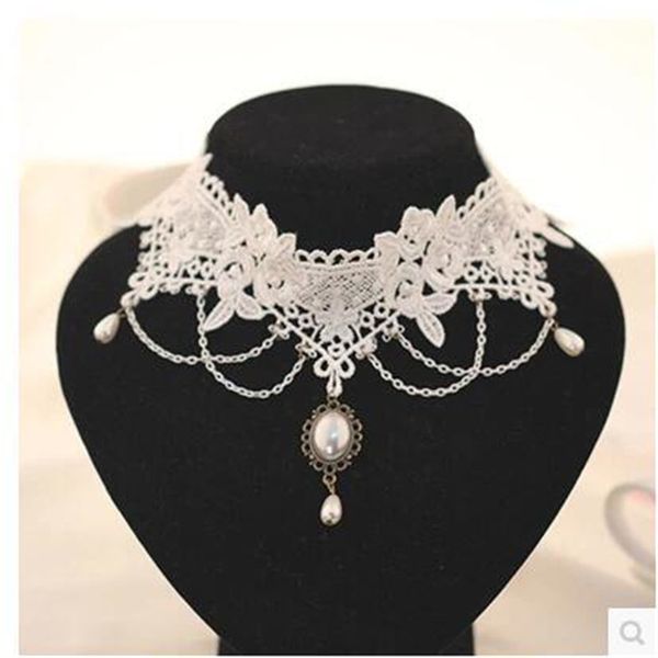 

womens vintage retro gothic white lace necklace hollowed out embroidered lace collar choker solid color chain, Silver