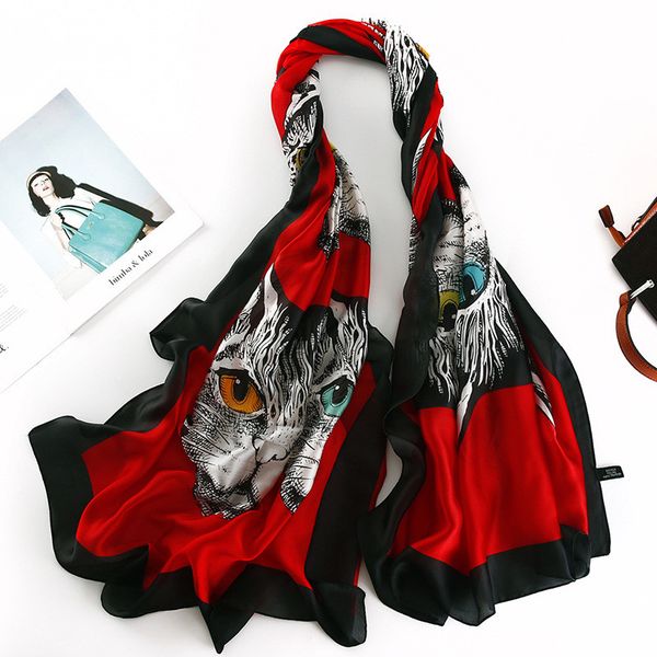 

2019 Новый Шелковый Шарф Женщины Кошка Голова Акулы Печати Foulard Женские Шали Оберты
