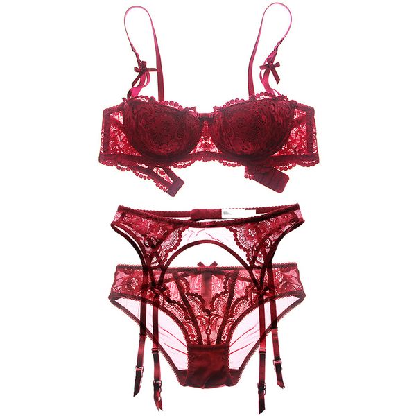 

bra set size spandex plus women lingerie set half cup bra set thin black white bra and panty with garters, Red;black
