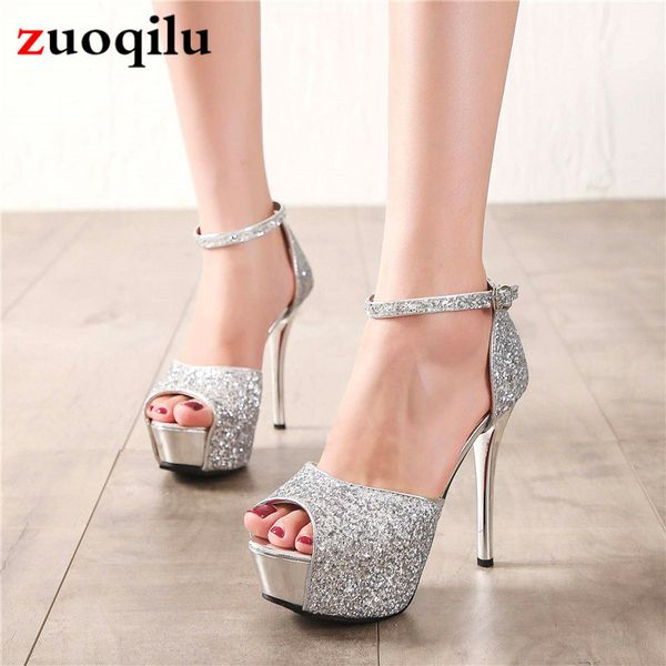 

silver platform high heels women pumps strap peep toe wedding shoes nightclub party shoes ladies thin heels tacones mujer, Black
