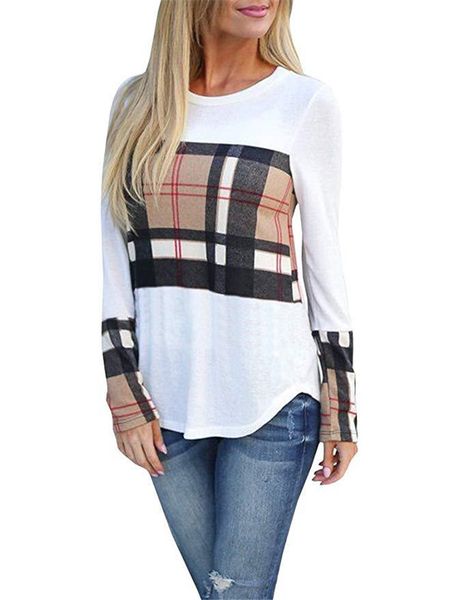 

женская дизайнерская tshirt классическая плед печатается с длинным рукавом одежда мода люкс женщины повседневная осень футболках, White