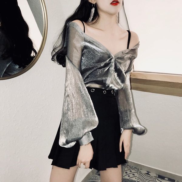 

2020 autumn new silver gray perspective korean loose all-match long-sleeved sunscreen cardigan thin shirt jacket women, White