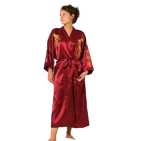 

burgundy satin embroidery dragon kimono bathrobe gown women's satin robe long nightgown sleepwear size s  l xl xxl xxxl, Black;red