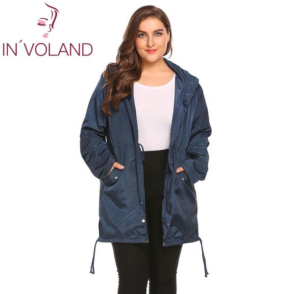 

in'voland women raincoat jacket plus size xl-4xl spring autumn lightweight hooded drawstring loose waterproof coat big size, Tan;black