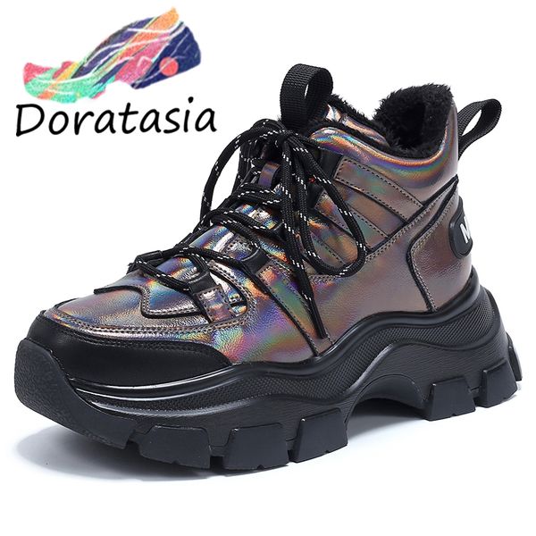 

doratasia горячие продажи красочные кожаные кроссовки женщин 2019 моды плоские платформы лодыжки меховые сапоги женские утепленные клинья об, Black