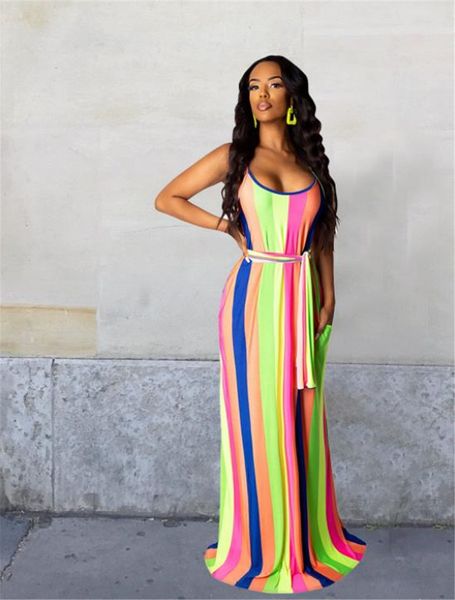 

Summer Spaghetti Strap Stripe Printed Womens Designer Maxi Dresses Backless Sleeveless Womens Casual Dresses Female Clothing