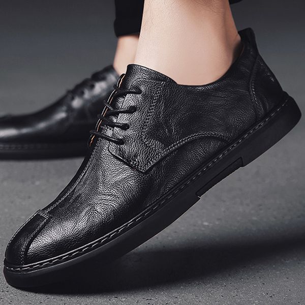

new genuine leather loafers men boots british business casual breathable sneakers flat driving male footwear boat, Black
