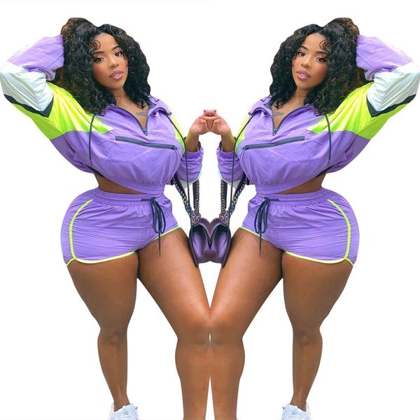 

fashion 2019 casual playsuit two piece set short women tracksuit long sleeve hooded trench shorts suit women outfit, White