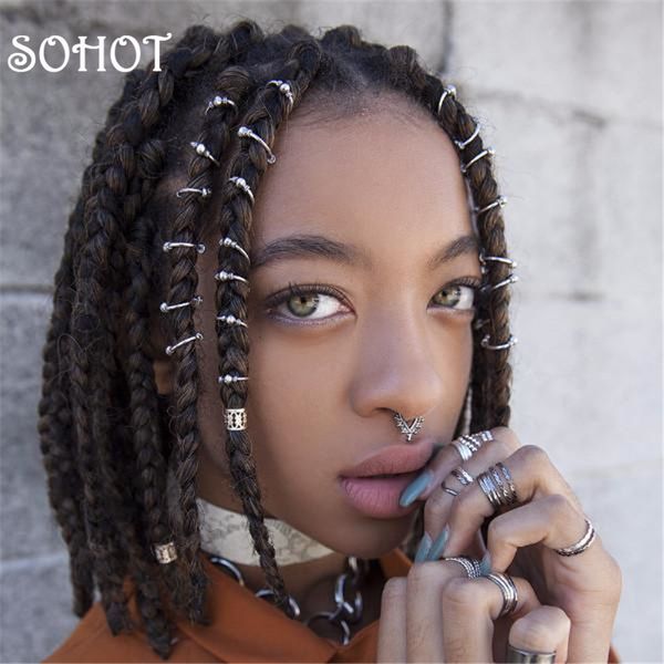 Acheter Sohot à La Mode Ensemble Diy Africain Tressé Femmes Coiffures De Charme Dreadlocks Locs Or Argent Couleur Opened Ring Coiffure Coiffure De