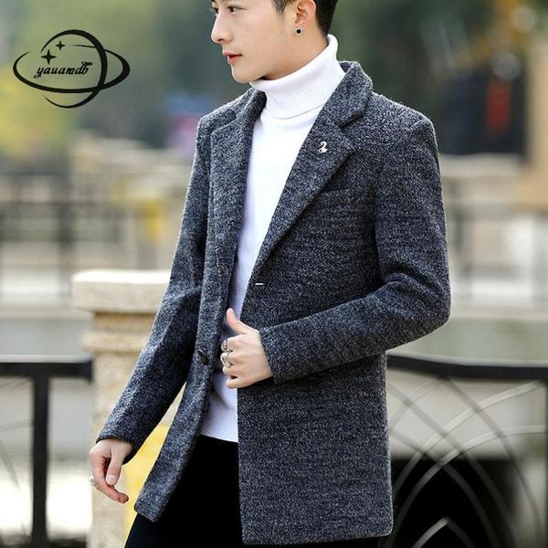 

mens wool coats spring autumn male blends jackets clothing turn-down collar long slim party man outerwear clothes y204, Black