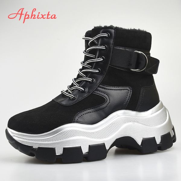 

aphixta platform boots winter snow shoes women ankle boots silver thick sole lace-up buckle snake prints women waterproof boot, Black