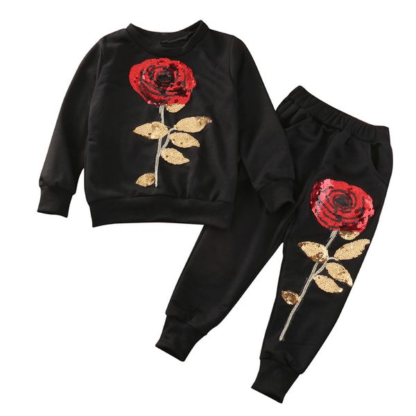 

rose print clothing kids girl clothing set girls kids sequins rose outfits clothes long sleeve t shirt+long pants set, White