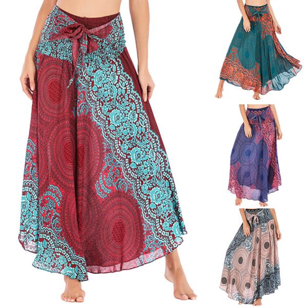 

beach ethnic style swing skirt women long hippie bohemian gypsy boho flowers elastic waist floral halter skirt #c, Black
