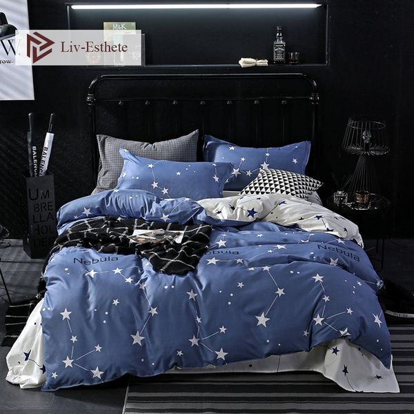 

liv-esthete classic geometry star bedding set double  king duvet cover pillowcase white flat sheet bed linen for adult