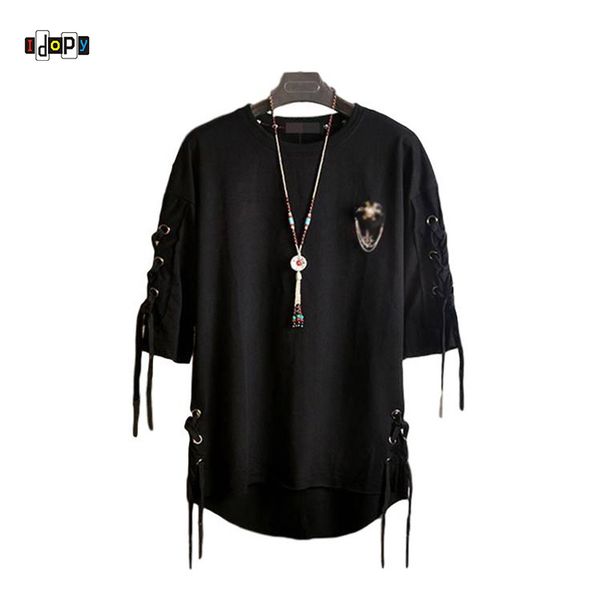 

idopy korean fashion men`s street style lace punk gothic pullover designer steampunk hem hip hop sweatshirts shirts tees, Black