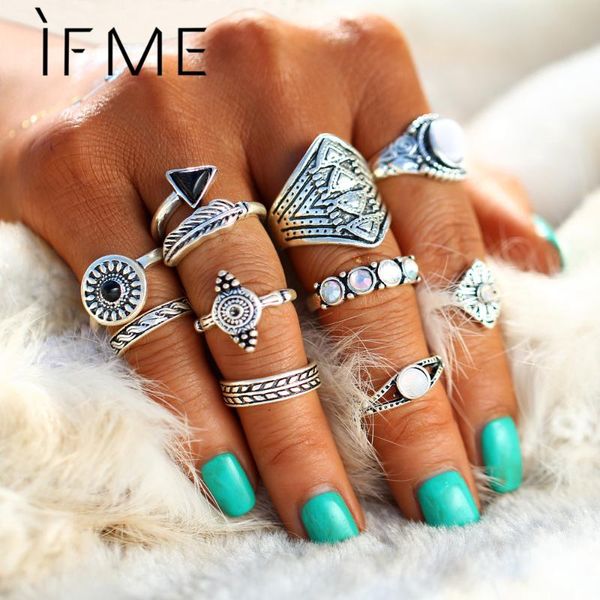 

wedding rings 10pcs/set vintage punk ring set antique silver color leaf midi women boho beach jewelry natural opal stone gift, Slivery;golden