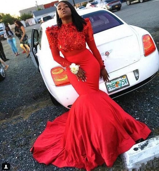 

south african red mermaid prom dresses ref long sleeves flora appliques evening gowns satin sweep train formal party dress custom made, Black
