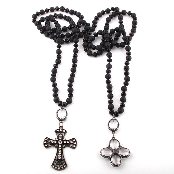 

fashion bohemian tribal jewelry black lava stones/glass long knotted cross necklaces women necklace dropship, Silver