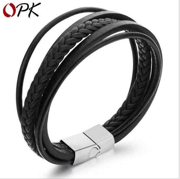 

leather bracelet student style men personality multilayer hand textile bracelet titanium steel jewelry, Golden;silver