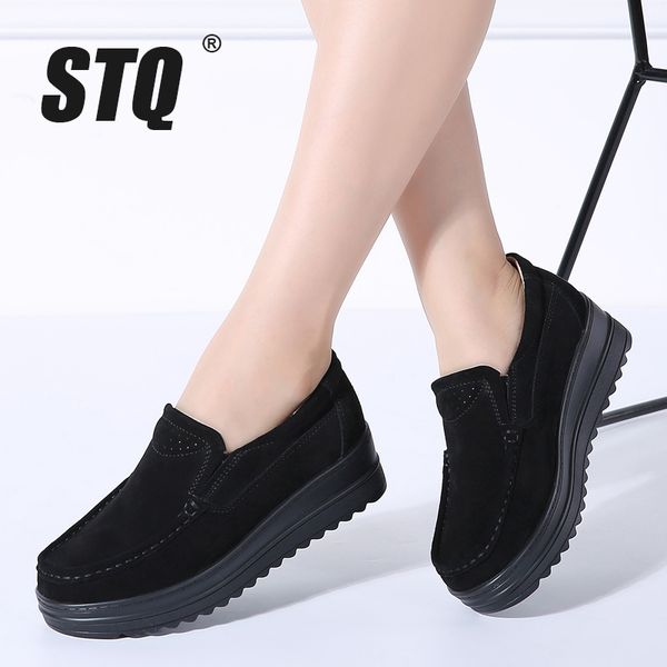 

stq 2019 autumn women flats platform loafers sneakers shoes women leather suede slip on creepers casual moccasins shoes 8714, Black